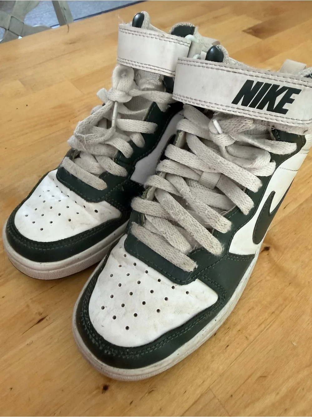 Nike Kids White and Dark Green High-Top Sneakers with Swoosh